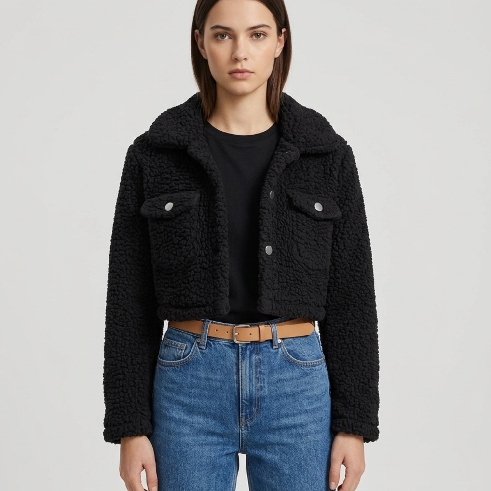Shein Black Cropped Teddy Sherpa Jacket